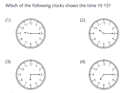Which of the following clocks shows the time 19:15?