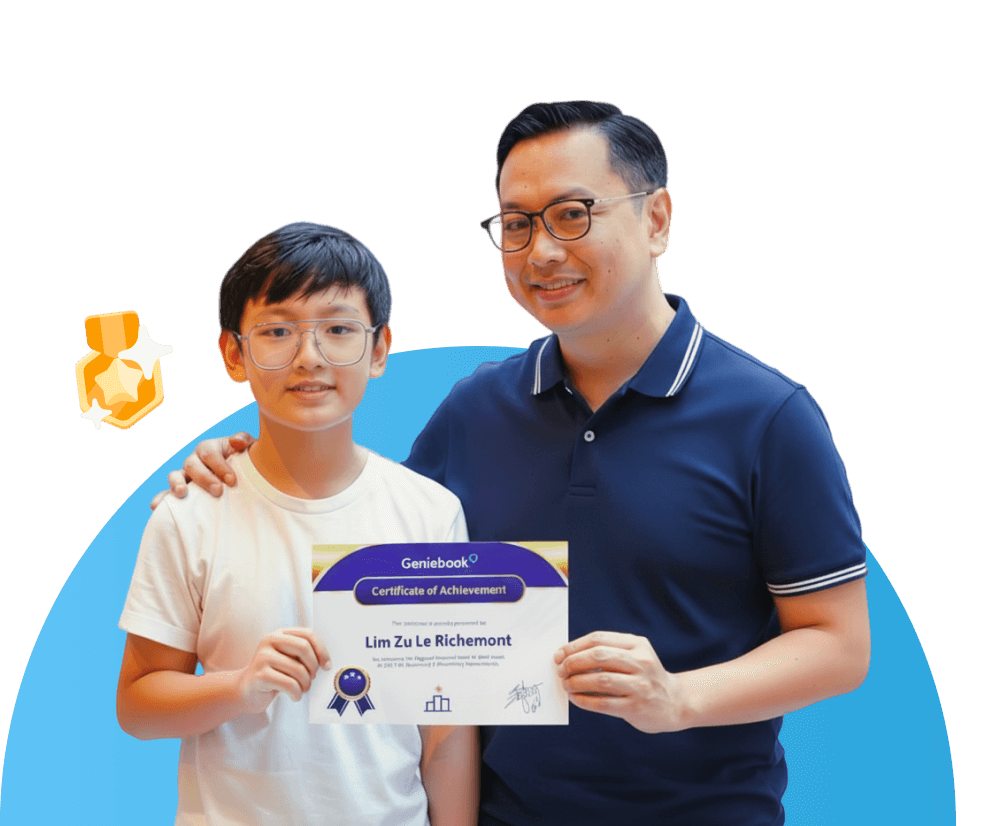 Parent and child holding a Geniebook certificate