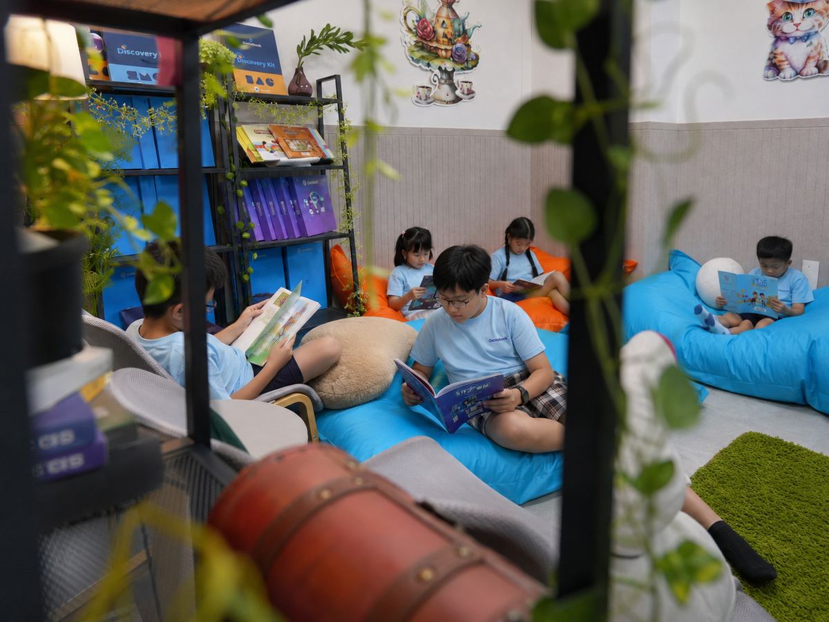 GenieHouse classroom learning pods with GenieClass on screen
